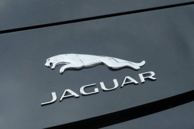Berlin, Almanya - 2 Ağustos 2017 Jaguar amblemi. Jaguar, Whitley, Coventry, İngiltere merkezli çok uluslu bir araba üreticisi olan Jaguar Land Rover 'ın lüks bir markasıdır.