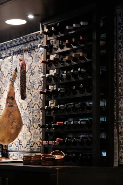 Bottles Wine Stacked Cellar Room Jamon Iberico Spanish Style — Stock Photo, Image