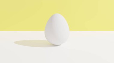 Beyaz masada yumurta ve sarı arka plan. 3D görüntüleme. Üç boyutlu illüstrasyon. Resim kavramını kabul et.