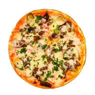 Peynirli ve etli pizza beyaz arka planda izole edilmiş..