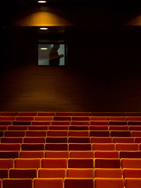 Empty concert hall with a lamp and a lonely person in the window