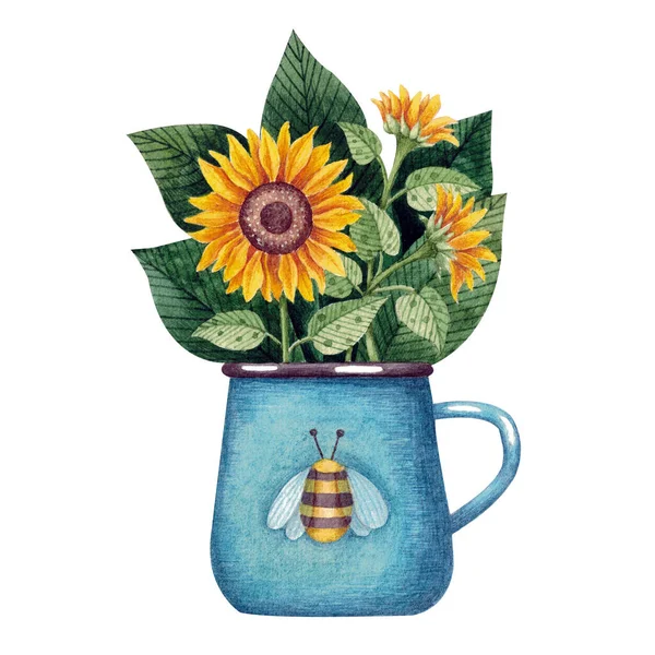 Bukiet Słonecznikami Niebieskim Kubkiem Ilustracja Akwareli Kwiaty Drukowanie Kartach Tkaninach — Zdjęcie stockowe