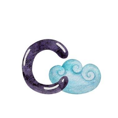 Beyaz arka planda bulutlu C harfi. Suluboya çizimi. İngiliz alfabesi. Yazı tipi. Çalış. Yavrum. Şirin. - Sanat. Tasarım. Grafikler. Renkli. Mor renk. Mesaj at. Kelimeler. Gökyüzü.