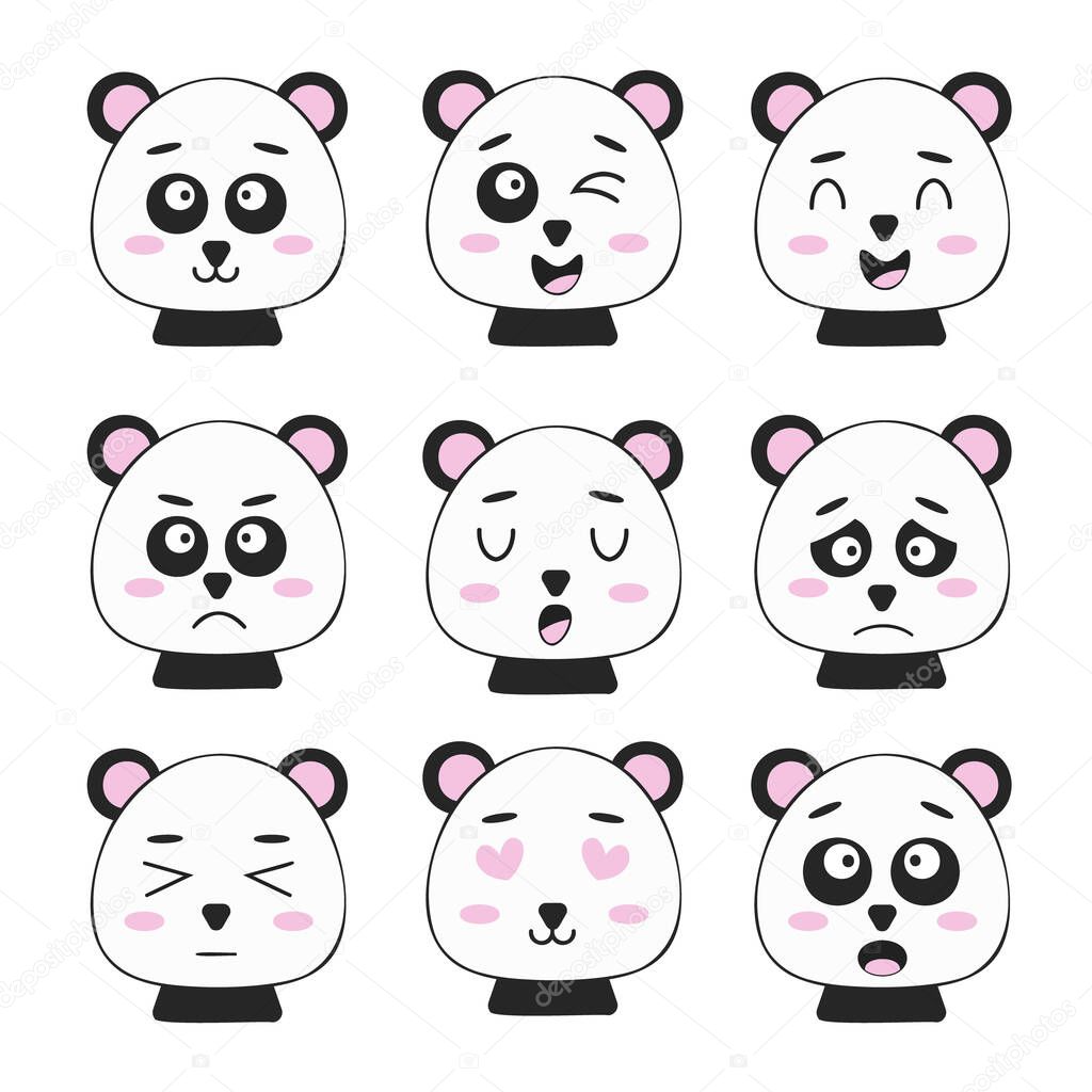 Cute pandas with various emotions. Vector illustration.