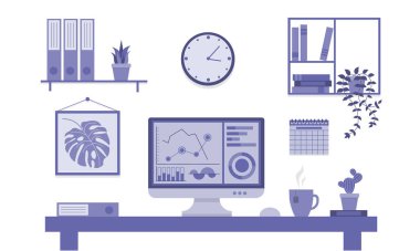 Evde ya da ofiste bilgisayar, kitap, kırtasiye malzemesi, bir fincan kahve ve bitkilerin olduğu modern bir iş yeri. Yönetici veya serbest çalışan için uygun bir masaüstü