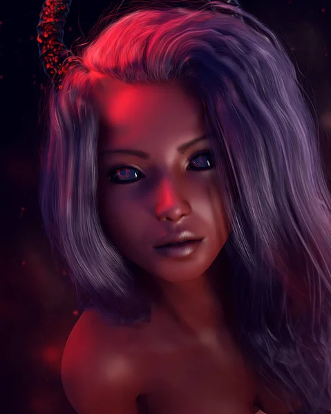 Demonkunst Djevelkvinne Med Horn Flerfargede Lys Illustrasjon – stockfoto