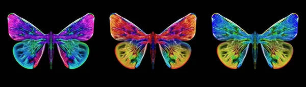 İzole edilmiş arka planı olan kelebeklerin tasviri. Soyut eğimli kelebekler. Neon renkleri.