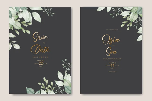 Zielone Liście Akwarela Wedding Card Szablon Zaproszenia — Wektor stockowy