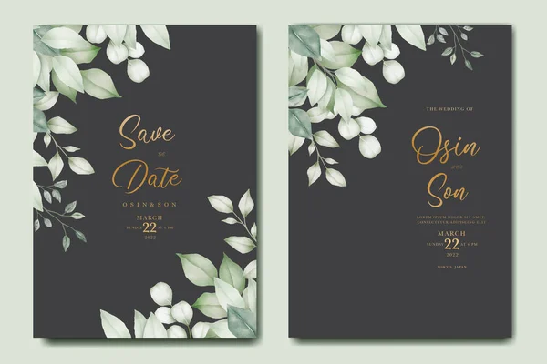 Zielone Liście Akwarela Wedding Card Szablon Zaproszenia — Wektor stockowy