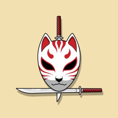 Katana kılıçlı Japon kitsune maskesi, Vektör illüstrasyon bölümleri.