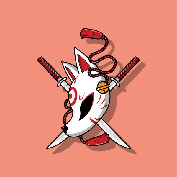 Japanese Kitsune Mask Katana Sword Vector Illustration Eps — 스톡 벡터