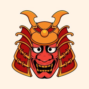 Samuray miğferi çizimi olan Japon oni canavarı.