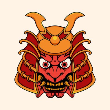 Samuray miğferi çizimi olan Japon oni canavarı.