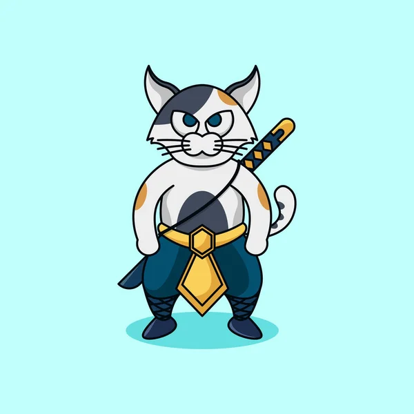 Cute Cat Samurai Sword Character — Stock Vector