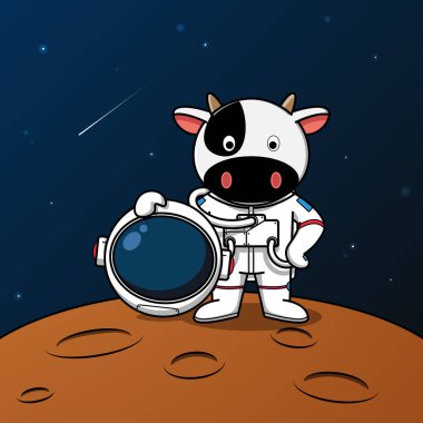 Ay çiziminde duran sevimli inek astronot.