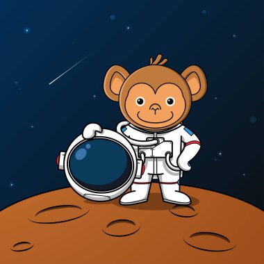 Cute monkey astronaut standing on the moon illustration clipart