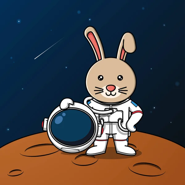 Mignon Lapin Astronaute Debout Sur Lune Illustration — Image vectorielle