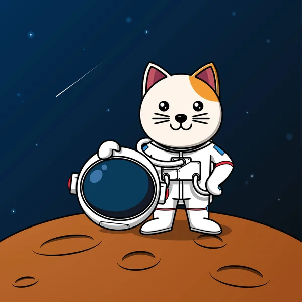 Cute Cat Astronaut Standing Moon Illustration — Stock Vector