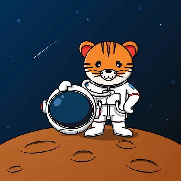 Jolie Astronaute Tigre Debout Sur Lune Illustration — Image vectorielle