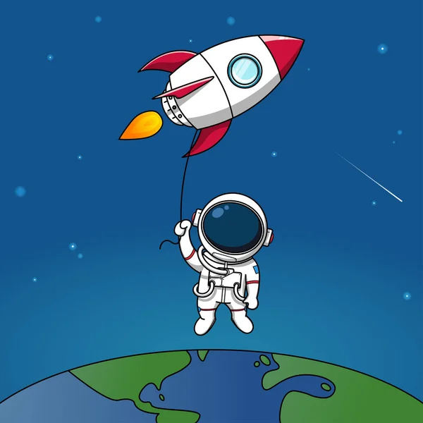 Des Astronautes Mignons Volent Dans Ciel Sur Une Illustration Fusée — Image vectorielle