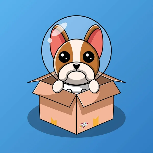 Cute Boston Terrier Dog Astronaut Cardboard Box Vector Illustration — Stock Vector