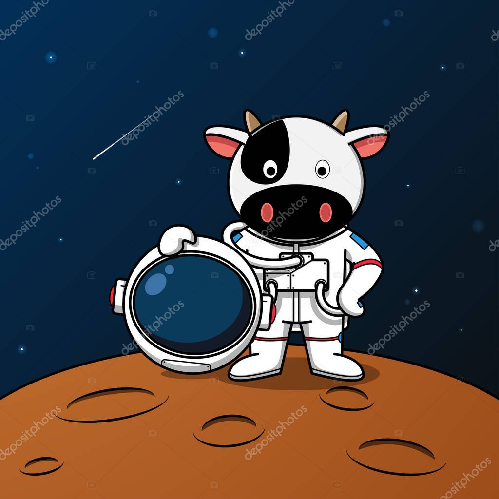 Cute cow astronaut standing on the moon illustration