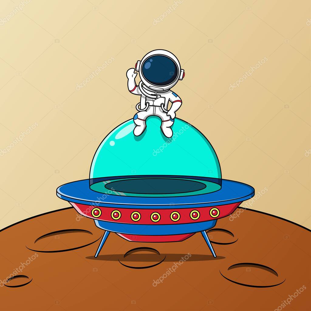 Cute astronaut sitting on ufo spaceship and waving, Vector illustration eps.10
