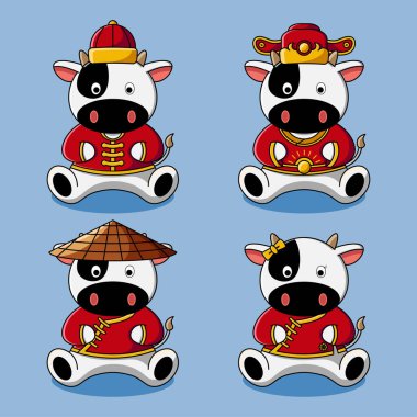 Geleneksel Çin kostüm koleksiyonunda şirin bir inek.