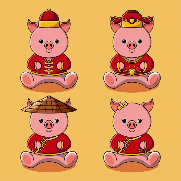 Cochon Mignon Costume Traditionnel Chinois Illustration Collection — Image vectorielle