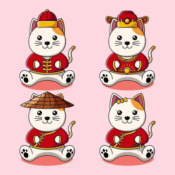 Cute Cat Chinese Traditional Costume Collection Illustration — Stock Vector