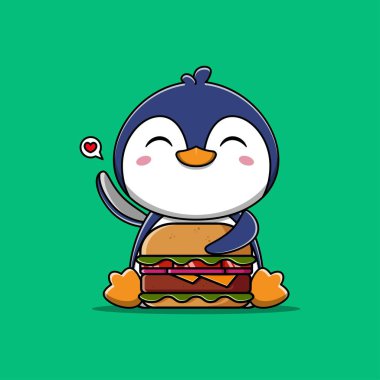 Hamburger yiyen sevimli penguen çizimi