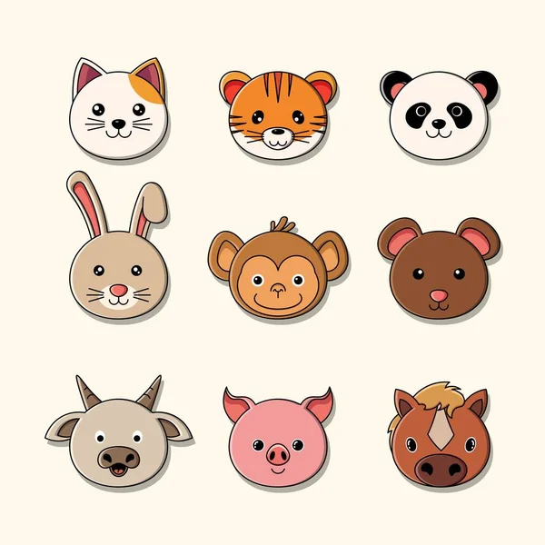 Cute Animal Head Collection Vector Illustration — Stock Vector