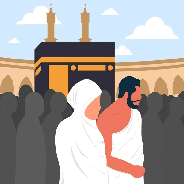 Vector Marido Una Esposa Musulmanes Haciendo Tawaf Alrededor Kaaba Plantilla — Archivo Imágenes Vectoriales