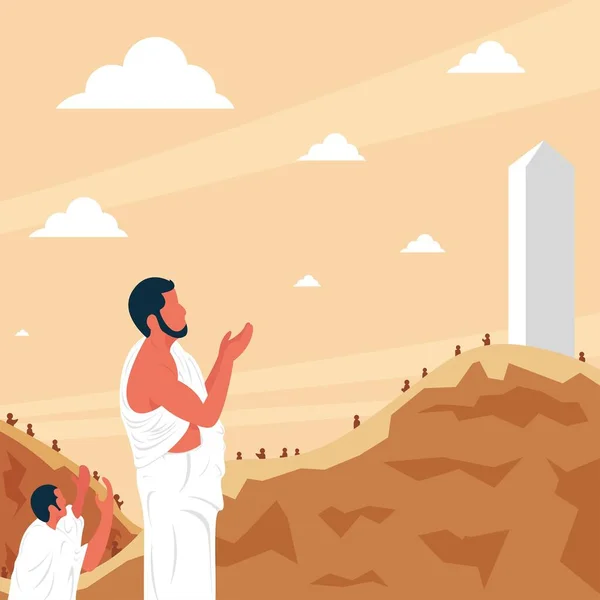 Hajj Προσκυνητές Προσεύχονται Στο Όρος Αραφάτ Στέκεται Στο Όρος Αραφάτ — Διανυσματικό Αρχείο