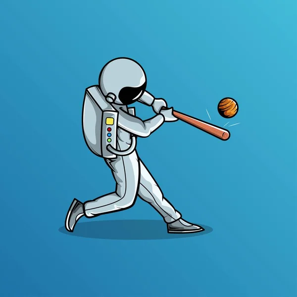 Astronaut Slaan Planet Ball Met Honkbalknuppel Vector Illustratie — Stockvector