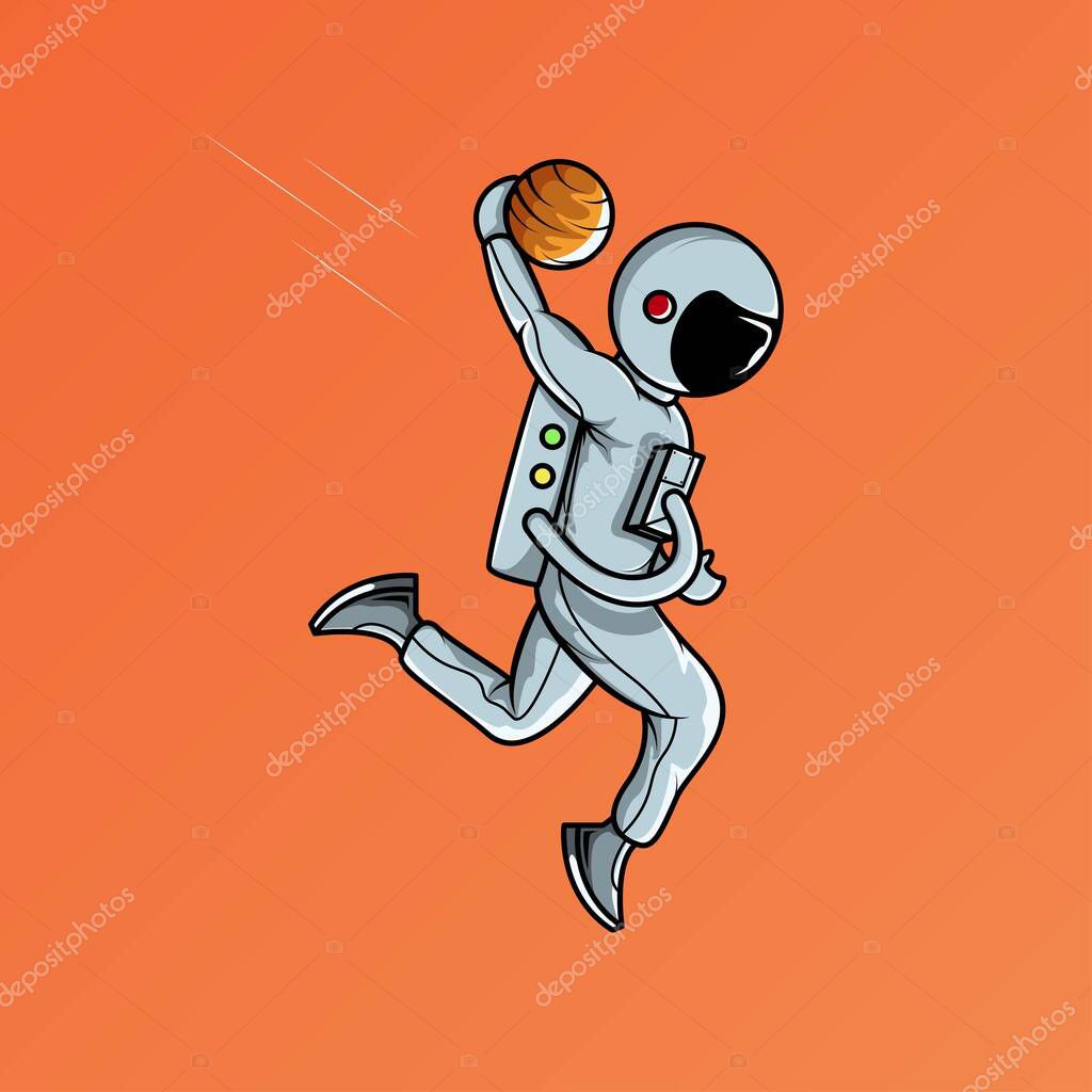 Astronaut playing planet ball and make slam dunk vector illustration
