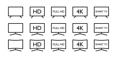 TV Simgesi Seti, Monitor, HD, Full HD, 4K, Smart TV, Expanded Stroke, Vector gibi simgeleri içerir