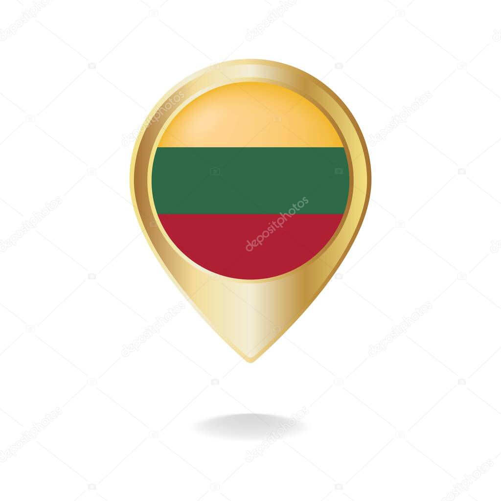 Lithuanian flag on gold pointer map, Vector illustration eps.10