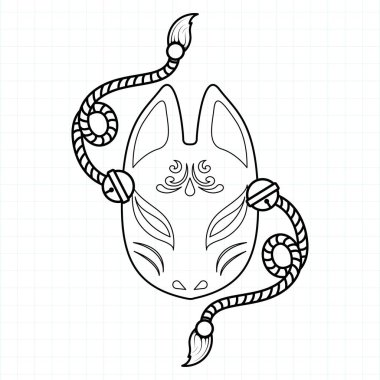 Japon kitsune maske boyama sayfası, Vektör illüstrasyon bölümleri.