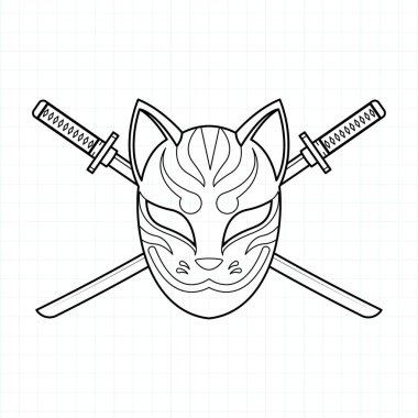 Japon kitsune maske boyama sayfası, Vektör illüstrasyon bölümleri.