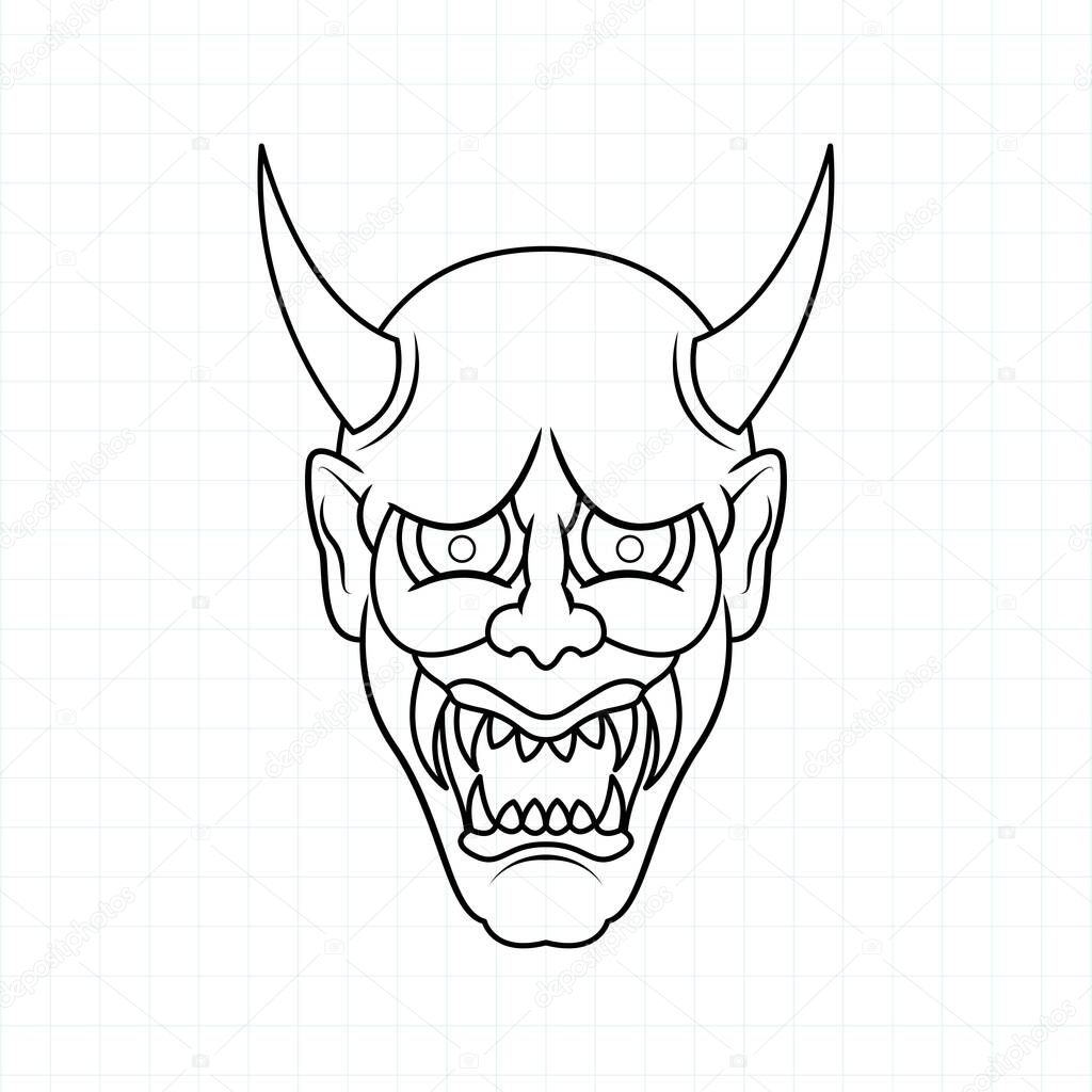 Dibujado a mano japonés Oni máscara de demonio para colorear página, Vector  ilustración  2023