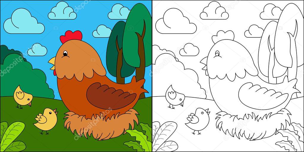 Mother hen and two chicks suitable for children's coloring page vector illustration