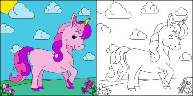 Çocuk boyama sayfası illüstrasyonu için uygun güzel tek boynuzlu at