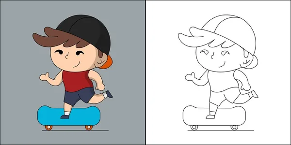 Lindo niño skateboarding adecuado para colorear ilustración vectorial página de los niños — Vector de stock