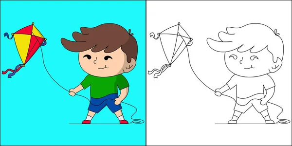 Cute Boy Playing Kite Suitable Children Coloring Page Vector Illustration — стоковый вектор