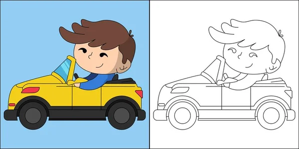 Lindo Niño Conduciendo Coche Adecuado Para Colorear Ilustración Vectorial Página — Vector de stock