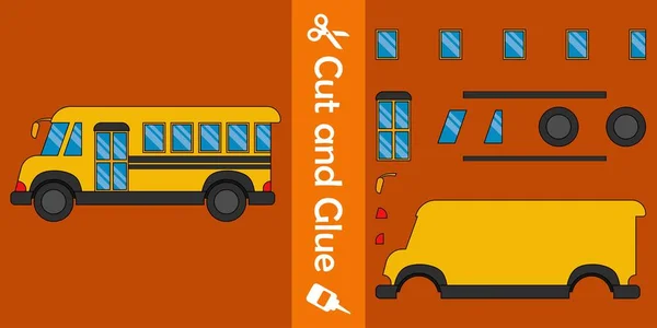 School Bus Education Paper Game Children Cut Glue Vector Illustration — ストックベクタ