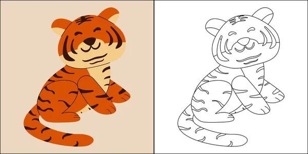 Tigre Lindo Adecuado Para Colorear Ilustración Vectorial Página Los Niños — Vector de stock