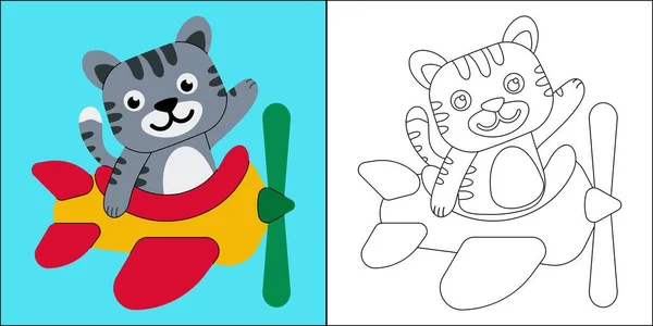 可爱的猫在飞机上飞行 适用于儿童的着色页矢量插图 — 图库矢量图片