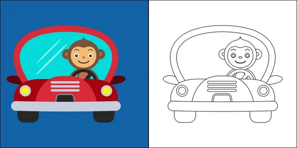 Симпатична Мавпа Кермом Автомобіля Підходить Дитячої Розмальовки Сторінки Векторні Ілюстрації — стоковий вектор